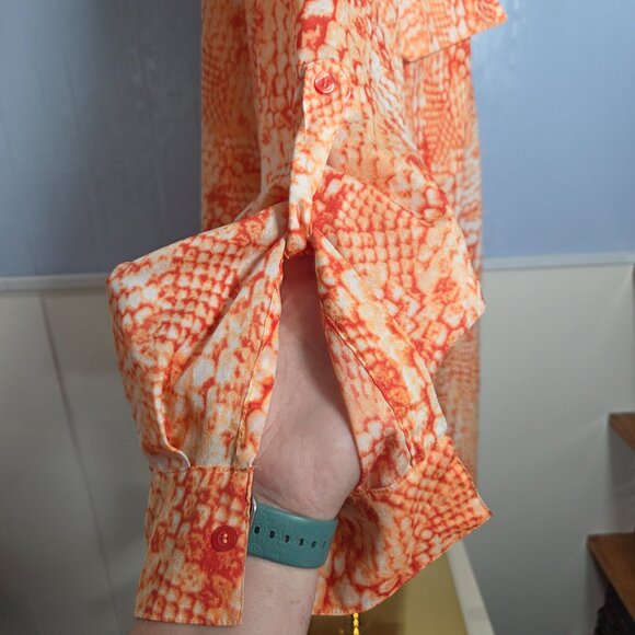 Calvin Klein 1X Bright Orange White Snake Skin Print Button Up Semi Sheer Blouse - Picture 6 of 10
